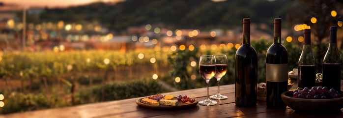 Wine bottles and glasses, wooden wine barrel in winery, sunset over valley, hills. Panoramic banner, header, background for restaurant, hotel, tuscany, tourism, travel. Generative AI.