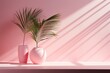  a couple of vases sitting on top of a table next to a palm tree in a pink room with a pink wall.