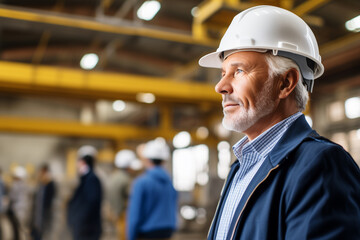 Man engineer, contractor or architect engineer standing in a helmet against on construction site