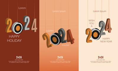 Wall Mural - happy new year 2024 and happy holiday square template with 3d hanging number and modern colour. gree