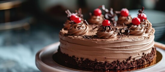 Canvas Print - Chocolate whipped cream cake with selective foreground focus.