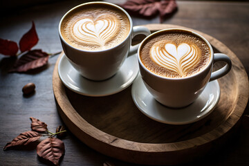 Two cups of hot coffee cafe latte with beautiful heart shaped latte art, served on rustic wooden tray decorated with autumn leaves, coffee lover concept.