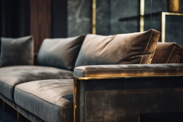 Wall Mural -  a close up of a couch in a room with a black wall and a gold framed mirror on the wall.