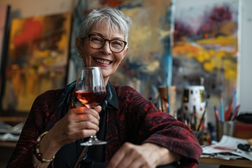 Portrait of a happy and cheerful senior woman enjoying a glass of red wine in a casual indoor setting, emitting a feeling of joy and relaxation.