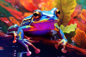 Wall Mural -  a colorful frog sitting on top of a tree branch in front of a colorful background of leaves and a body of water.