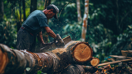 Sticker - worker cutting wood with chainsaw