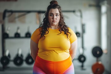 Wall Mural - Very fat young woman with a sad face stands in the fitness center next to dumbbells and barbells. Unsporty girl at her first workout in the gym.