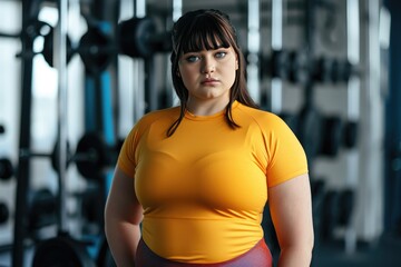 Wall Mural - Very fat young woman with a sad face stands in the fitness center next to dumbbells and barbells. Unsporty girl at her first workout in the gym.