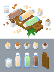 Wall Mural - Isometric vegan milk icons with illustration of different types of organic milk