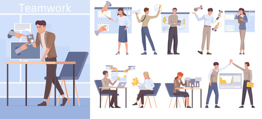 Sticker - Hand drawn teamwork illustration collection with business character working