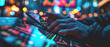 A man holding a mobile phone in his hands, close up image of a person using fintech software on his smart phone. Colorful blurred futuristic bright abstract background. Copyspace for your text.