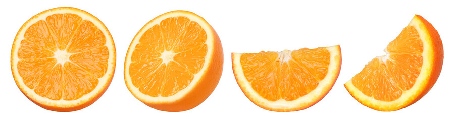half orange fruit and slices isolated, orange fruit macro studio photo, transparent png, collection,