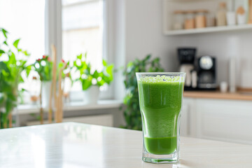 Healthy green smoothie in glass on the table in the kitchen