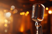 Closeup Retro Microphone On Stage, Music Background