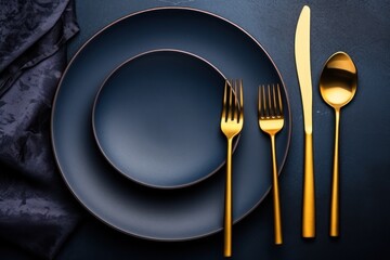 Wall Mural -  a close up of a plate with a knife, fork, and spoon next to a plate with a knife and fork on it.