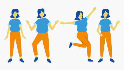 Wall Mural - Set of girl with blue t-shirt and yellow pants standing in many position and expression. faceless full body figure design elements for corporate poster and banner.