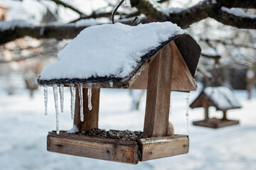 Wall Mural - Wooden bird feeder with snow covered and frozen icicles hanging on a tree in winter