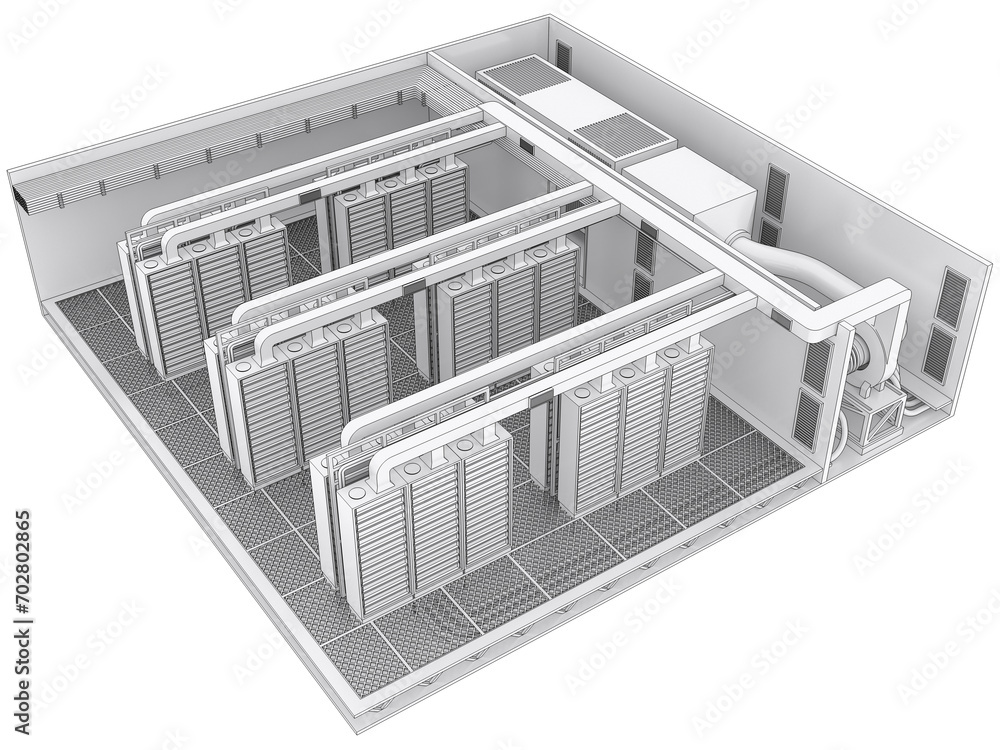 Contour visualization of data center floor, server room with rows of ...