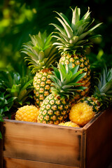 Poster - Harvest pineapples in a box in the garden. Selective focus.