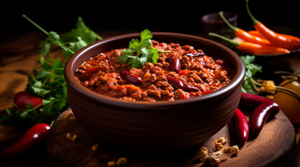 chili beans with meat on a plate. Selective focus.