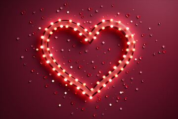 Wall Mural - The lights are arranged in a beautiful heart shape on a red background.