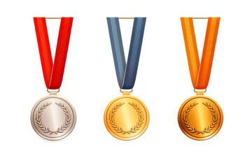 Wall Mural - set of realistic illustrations of gold, silver and bronze medals on ribbons. sports competitions awa