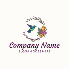 Hummingbird bird flower tropical logo design vector template illustration. colorful flower simple design.