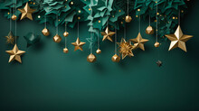 Green And Gold Christmas Decorations With Festive Stars And Baubles