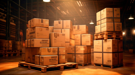 Wall Mural - Boxes on pallet in the warehouse.Transportation system concept, heap of cardboard boxes in middle of the warehouse. Warehouse with cardboard boxes inside on pallets racks.