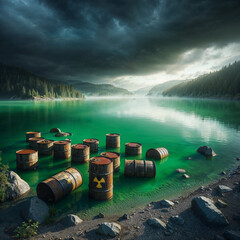 Wall Mural - Water full of toxic / radioactive waste. Half-decayed rusted barrels sticking out in the water.