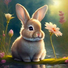Wall Mural - cute bunny with flower. ai generative illustration.