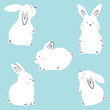 Cute white rabbits in various poses. Rabbit animal icon isolated on blue background. Easter decor