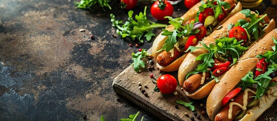 Poster - Hot dogs on a wooden board surrounded by spices and vegetables such as tomatoes peppers and onions. with copy space image. Place for adding text or design