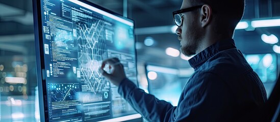 In the Near Future Professional Engineer Works on Transparent Computer Display Constructing Model of the Quantum CPU He Works in a Bright and Modern Office. with copy space image