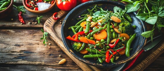 Healthy Sauteed Green Beans with Almonds and Peppers. with copy space image. Place for adding text or design