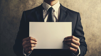 A man in suit holding blank clear white of the sheet. Closeup. Isolated