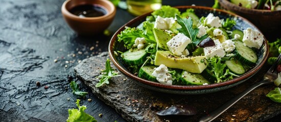 Poster - Ketogenic diet green salad with cucumbers avocado feta cheese and lime dressing. with copy space image. Place for adding text or design
