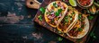 Homemade Carne Asada Street Tacos with Cheese Cilantro and Onion. with copy space image. Place for adding text or design