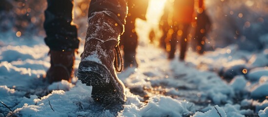 men s feet in boots in the snow walking in winter. with copy space image. Place for adding text or design