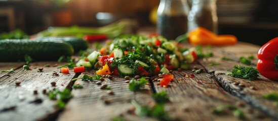 Poster - Lentil salad with cucumber bell pepper and coriander leaves on rustic wooden table Selective focus. with copy space image. Place for adding text or design