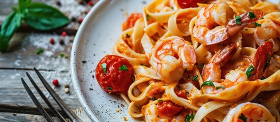 Poster - Italian pasta fettuccine in a creamy sauce with shrimp and tomato. with copy space image. Place for adding text or design