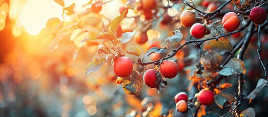 Leinwandbilder - Japanese apricot fruit Young fruits of Ume on the tree. with copy space image. Place for adding text or design