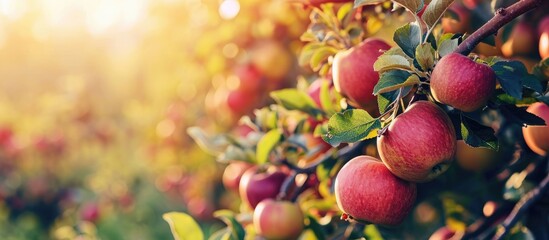 Aufkleber - large ripe apples clusters hanging heap on a tree branch in an intense apple orchard. with copy space image. Place for adding text or design
