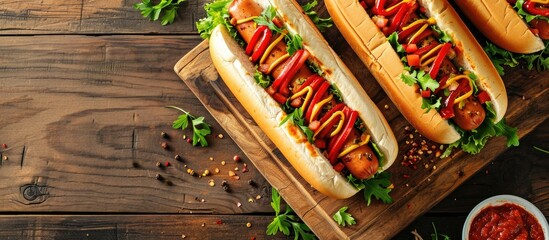 Poster - Hot dogs on a wooden board surrounded by spices and vegetables such as tomatoes peppers and onions. with copy space image. Place for adding text or design