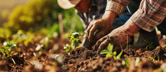 Wall Mural - Male hands touching soil on the field Expert hand of farmer checking soil health before growth a seed of vegetable or plant seedling Business or ecology concept. with copy space image