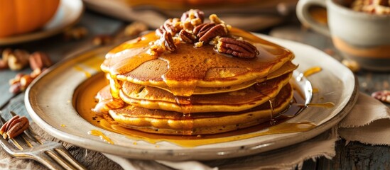Poster - Homemade Pumpkin Pancakes with Butter Pecans and Maple Syrup. with copy space image. Place for adding text or design