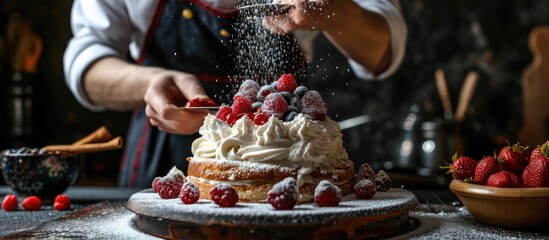 In this photo we can see a pastry chef working on creating a magnificent cake His hands skillfully manipulate the ingredients giving them the necessary shape and texture. with copy space image