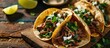 Lengua chow beef tongue 3 street tacos Mexican with cilantro lime wedge and onions. with copy space image. Place for adding text or design