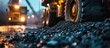 Heavy construction and mining machinery unloading gravel into silos on the night shift Close up. with copy space image. Place for adding text or design
