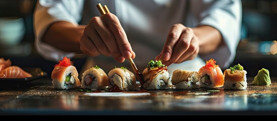 Fototapete - Male chef cooking sushi rolls japanese food. with copy space image. Place for adding text or design